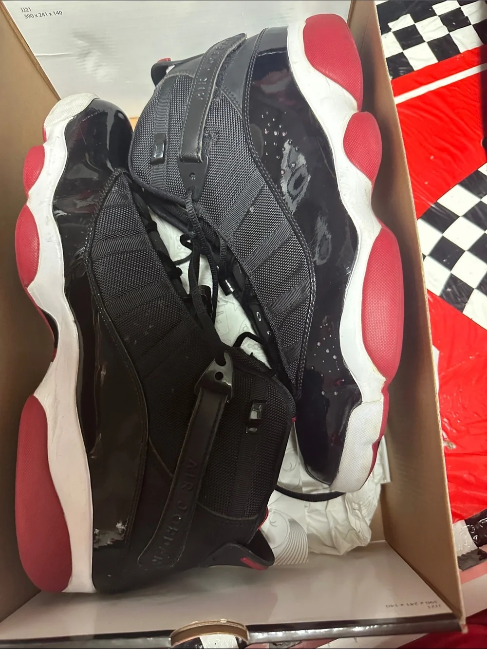 Jordan 6 Rings Black & Red Patent Leather High-Top Sneakers